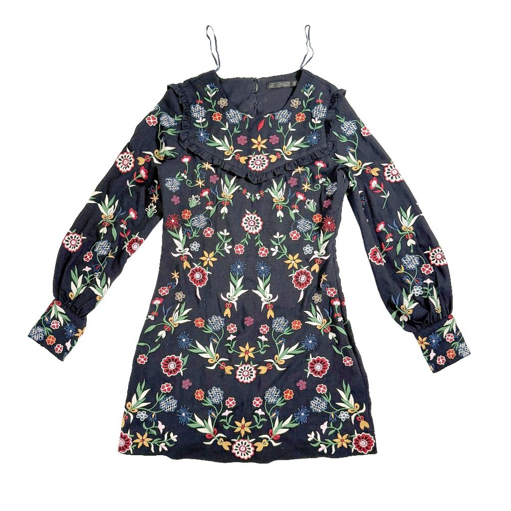 ZARA Trafaluc Embroidered Floral Boho Festival Mini Dress Long Sleeve Size S